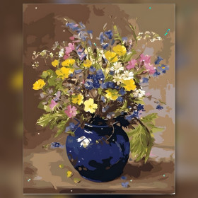 Kleurrijk veldboeket in blauwe keramische vaas diamond painting glinsterende steentjes