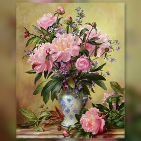 Rosa Pfingstrosen und lila Blumen Diamond Painting mit funkelnden Strasssteinen