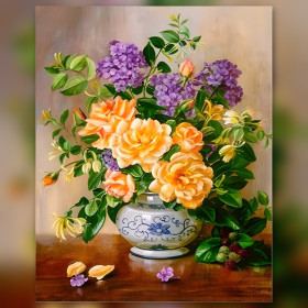 Bouquet di rose arancioni e lillà in vaso blu diamante pittura