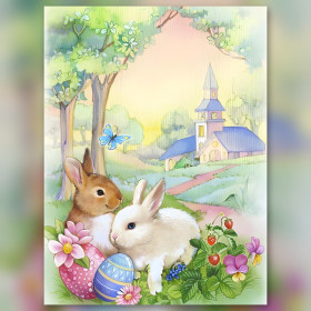 Conigli di Pasqua uova colorate chiesa villaggio tela diamond painting strass lucenti