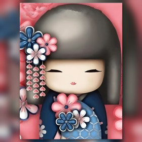 Poupée japonaise kimono bleu fleurs roses strass brillants diamond painting