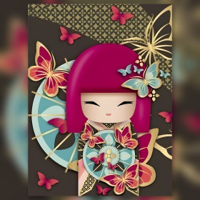Akito kimono diamond painting girl with pink hair colorful butterflies shiny rhinestones