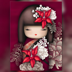 Japanese doll red kimono white flowers diamond painting shiny rhinestones
