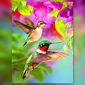 Diamond painting flying hummingbirds pink flowers shiny rhinestones