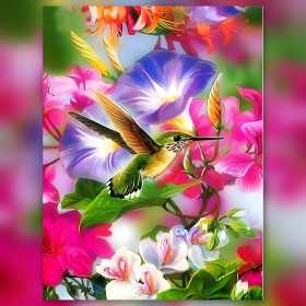 Kolibrie vliegt tussen roze en paarse petunia's in glanzende diamant schilderij