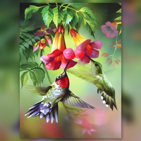 Diamond painting colibris roses et jaunes strass brillants toile terminée