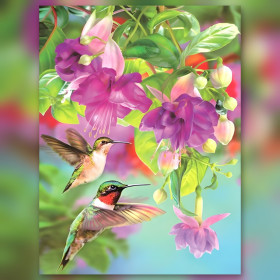 Diamond painting hummingbirds and purple fuchsias with shiny rhinestones