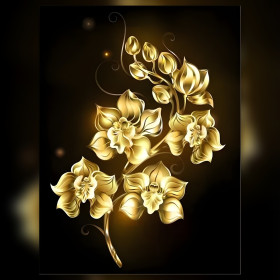 Goldene Blumen Diamond Painting auf schwarzem Hintergrund mit glänzenden Strasssteinen