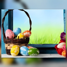 Kleurrijke paaseieren in rieten mand diamond painting glinsterende steentjes kunstwerk
