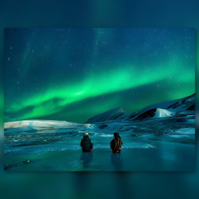 Zwei Reisende unter grünen Nordlichtern Diamond Painting mit funkelnden Strasssteinen