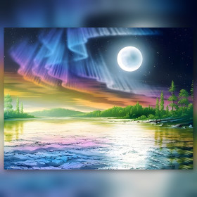 Diamond painting doek noorderlicht regenboog maan rivier glinsterende steentjes