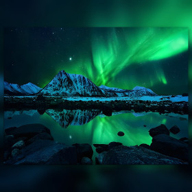 Green aurora borealis over mountain lake diamond painting shiny rhinestones