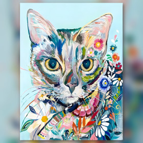 Portrait de chat coloré avec fleurs et strass brillants en diamond painting