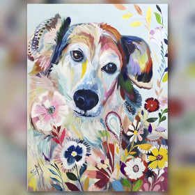 Chien coloré entouré de fleurs en diamond painting strass brillants