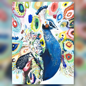 Colorful artistic mosaic peacock diamond painting with shiny rhinestones