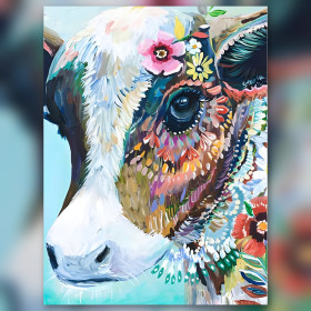 Veau fleuri artistique en diamond painting avec strass brillants colorés