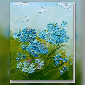 Toile diamond painting terminée fleurs bleues myosotis strass brillants