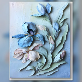 Diamond painting iris bleus et roses strass brillants toile terminée
