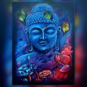 Bouddha lamaï bleu diamond painting strass brillants lotus colorés