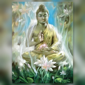 Diamond painting Bouddha Malee assis parmi lotus roses strass brillants