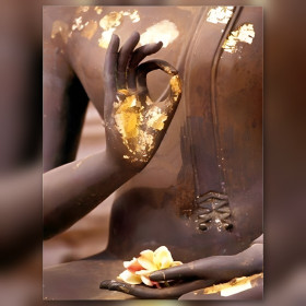 Finished Buddha Sarai diamond painting with shiny gold rhinestones