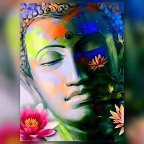 Colorful Buddha Mekhala diamond painting with lotus flowers and shiny rhinestones