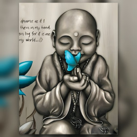 Diamond Painting Baby Buddha mit blauem Schmetterling glänzende Strasssteine