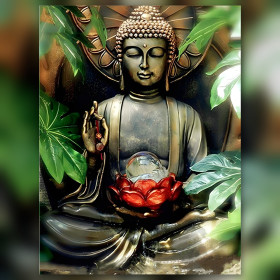 Lamon Buddha diamond painting shiny rhinestones red lotus green foliage