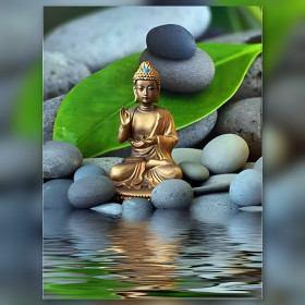 Buddha Rama dorato su pietre e foglia verde pittura diamante