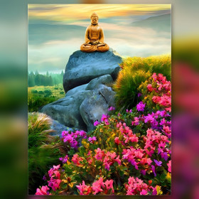 Golden Buddha sitting on rock with pink flowers and shiny diamond painting rhinestones