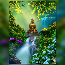 Golden meditating Buddha waterfall sparkling rhinestones diamond painting nature scene