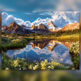 Diamond Painting Berge mit Seespiegelung und glänzenden Strasssteinen