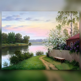 Diamond painting crépuscule serein lac maison bois strass brillants