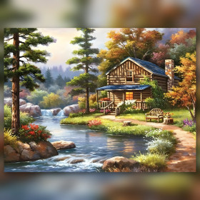 Kit pittura diamante Chalet d'Automne au Bord de la Rivière strass scintillanti su tela