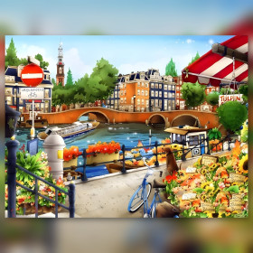 Diamond painting Amsterdam canal vélo fleurs strass brillants