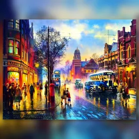 Diamond painting Fort Wayne rue pluvieuse vintage bus rouge strass brillants
