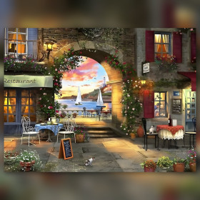 Diamond painting restaurant provençal sous arche en pierre avec strass brillants
