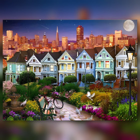 Diamond painting maisons colorées San Francisco nuit strass brillants