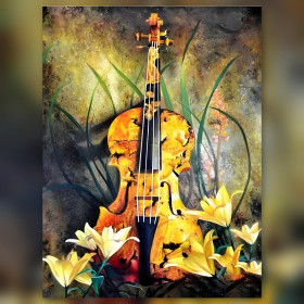 Violino giallo diamond painting con gigli bianchi e strass lucenti