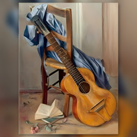 Chitarra acustica su sedia di legno con tessuto blu diamond painting strass