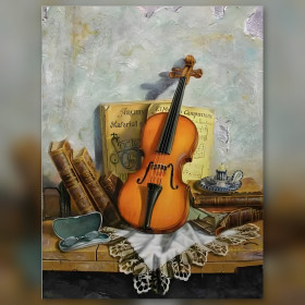 Orange violin on table with books and lace in shiny diamond painting art
