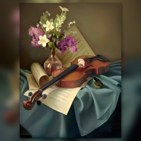 Violon et fleurs sur partition broderie diamant strass brillants