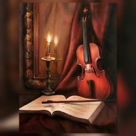 Violin with open book and lit candle in shiny diamond painting rhinestones