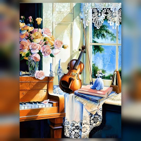 Violin by window roses piano diamond painting canvas shiny rhinestones