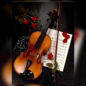 Red roses violin shiny rhinestones finished diamond painting canvas