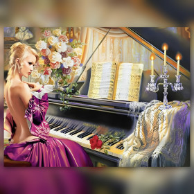 Pink piano diamond painting woman purple dress flowers shiny rhinestones