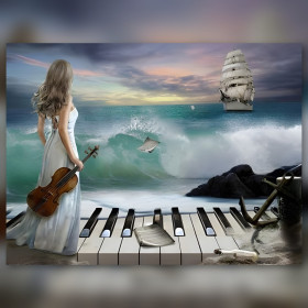 Diamond painting piano océan femme violon strass brillants