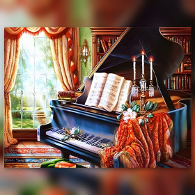 Elegant black grand piano with candles and sparkling rhinestones diamond painting kit