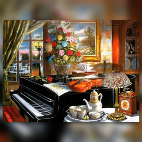 Diamond painting piano noir bouquet fleurs tasse thé strass brillants