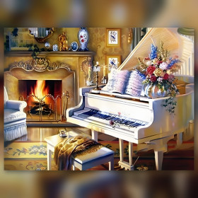 Witte vleugelpiano open haard diamond painting glinsterende steentjes woonkamer decoratie
